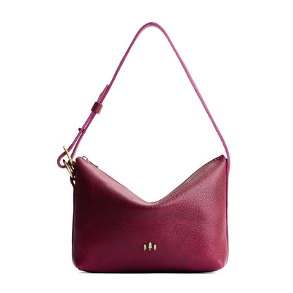 Orchid*Small | Petite slouchy leather shoulder bag with zipper opening and three metal tree emblems