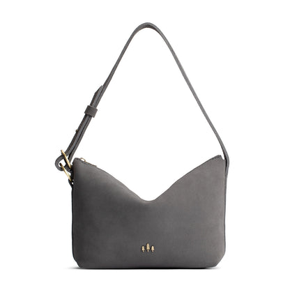 Smoke Grey*Small | Petite slouchy leather shoulder bag with zipper opening and three metal tree emblems