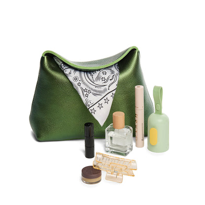 Metallic Greench | Leather pouch with a folded magnetic closure