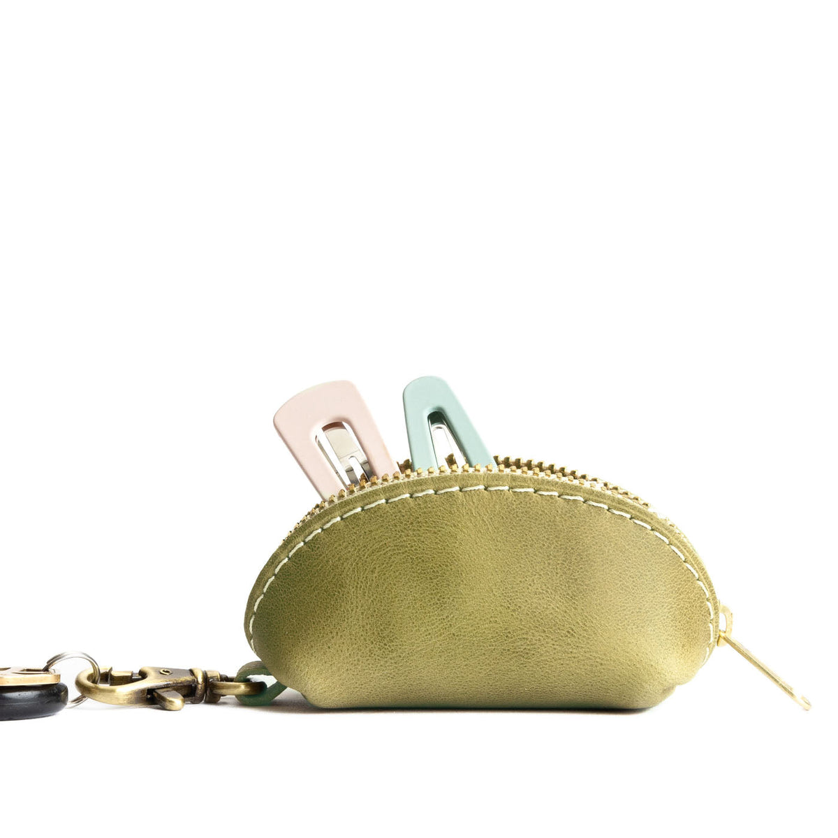 Anjou | Taco shaped leather pouch with zipper and swivel lobster clasp on white background