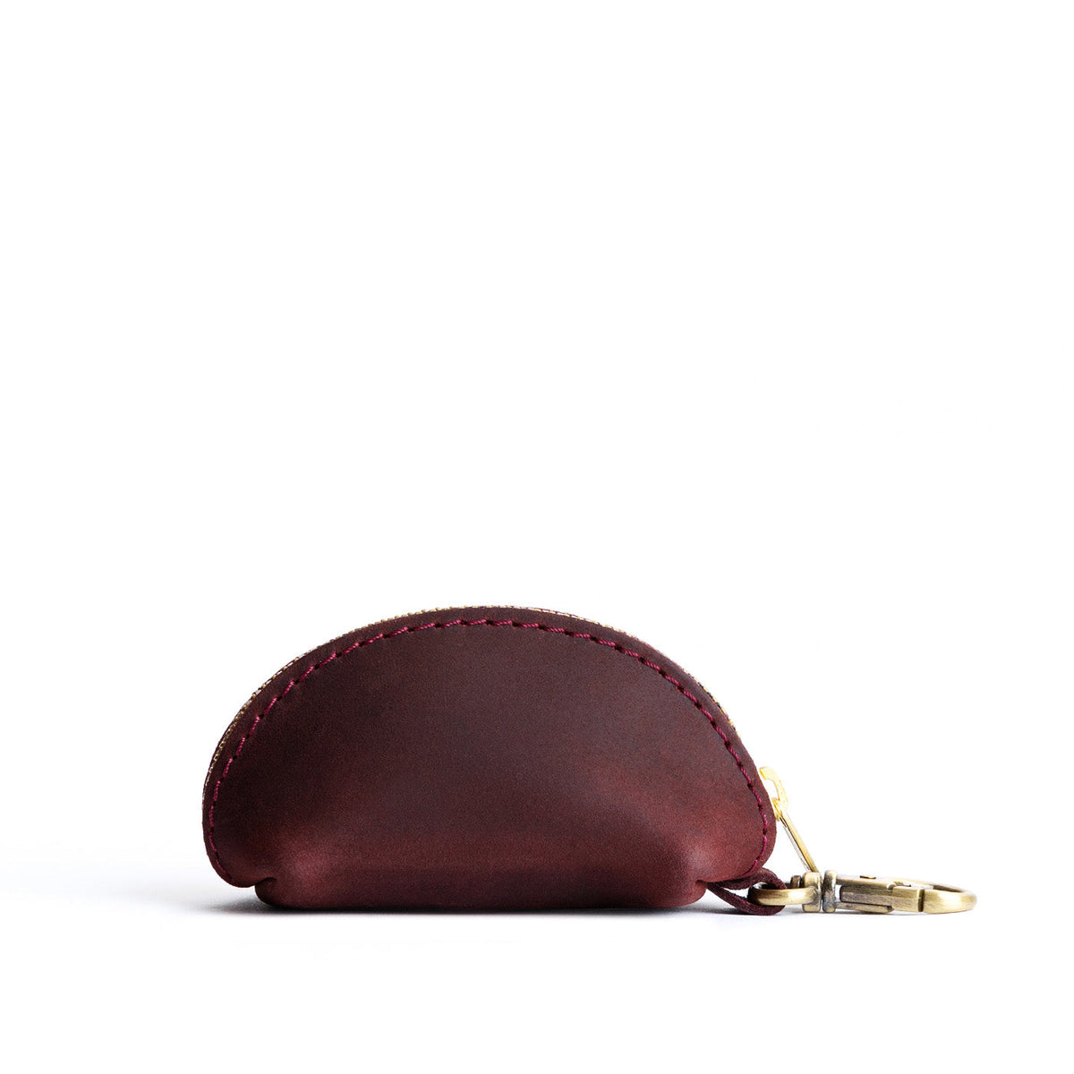 Merlot | Taco shaped leather pouch with zipper and swivel lobster clasp on white background