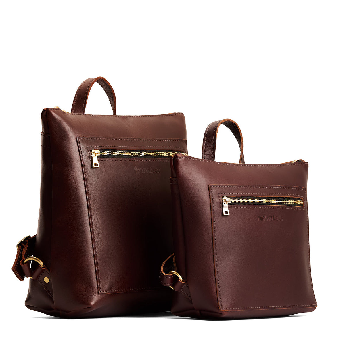 Cognac | Side by side comparison of both sizes of Tote Backpack