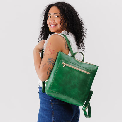 All Color: Cowboy Mint*Classic | Model wearing square slim leather tote backpack