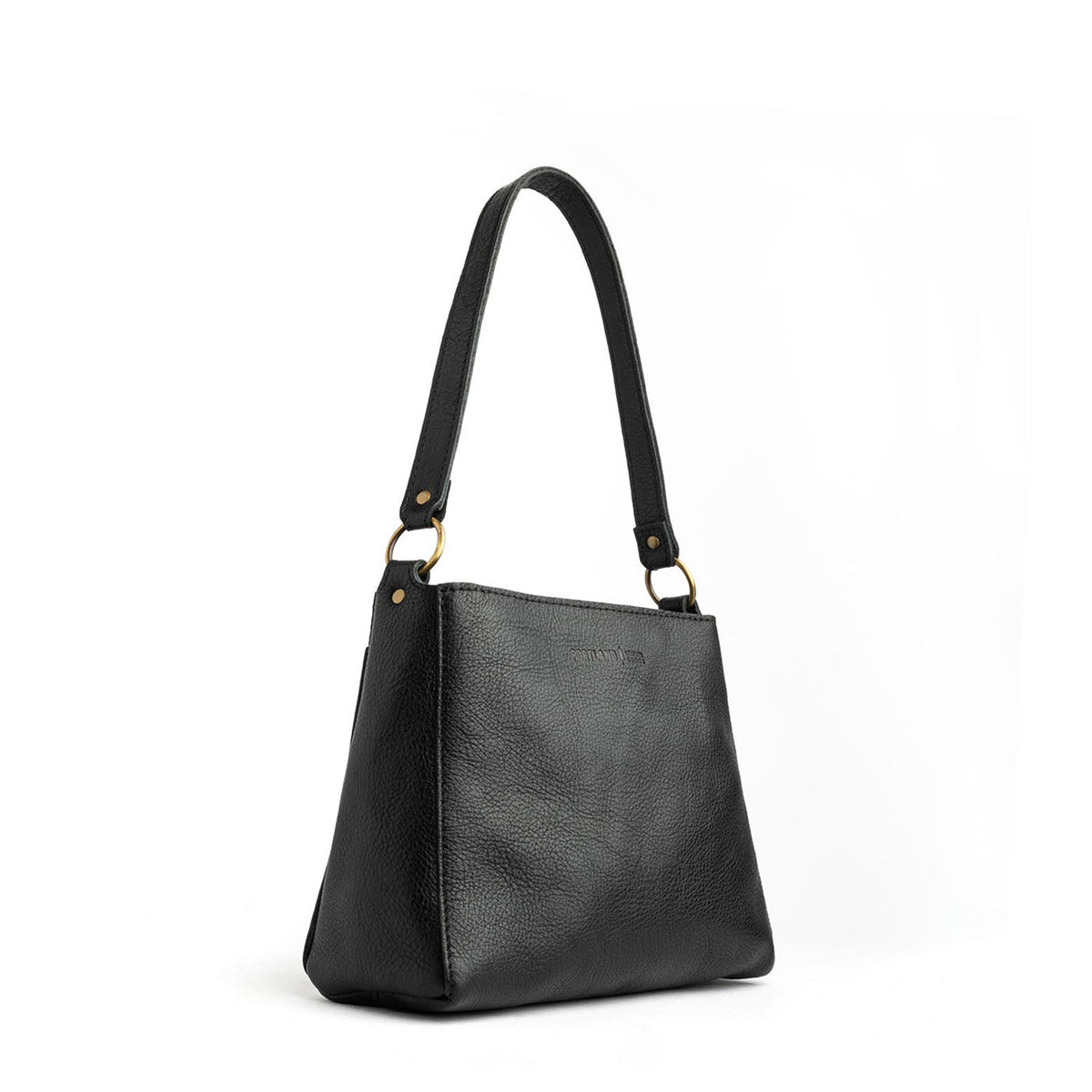 Pebbled--black*Small | Triangular shoulder bag with antiqued brass finished hardware