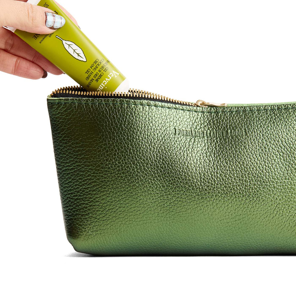 Metallic Greench | Leather utility bag pouch with top zipper