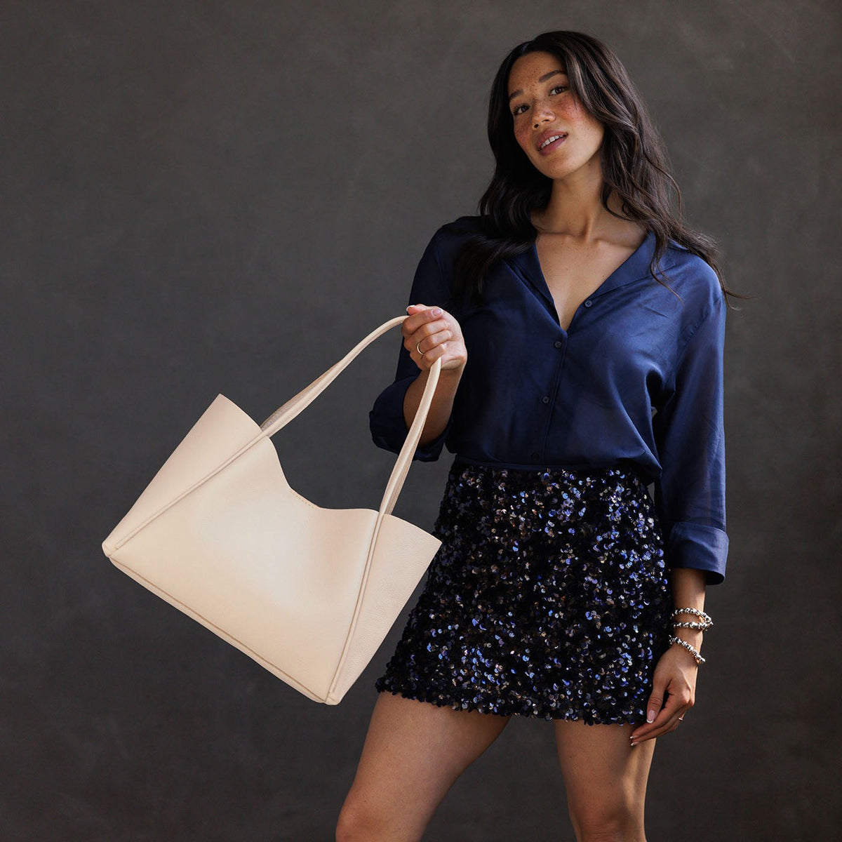 Moonflower*Large | Model holding midsize rectangular tote bag