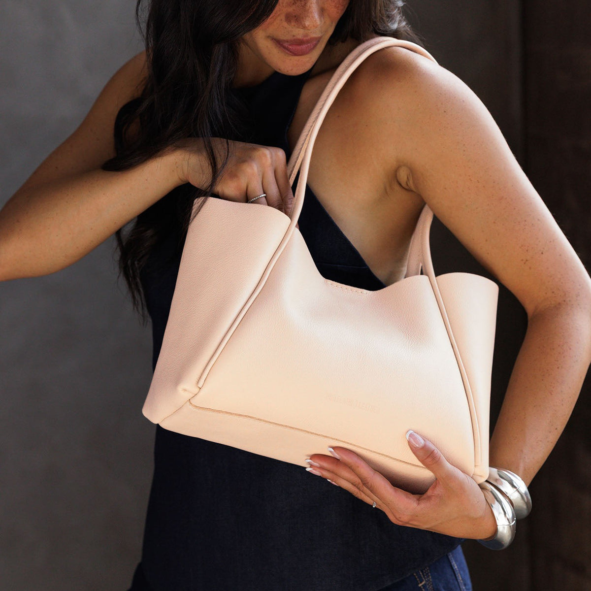 Moonflower*Medium | Model holding midsize rectangular tote bag