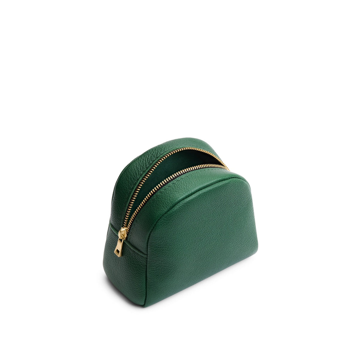 Bacalar | Curved top leather pouch with zipper opening, flat base, and three metal tree emblems in front