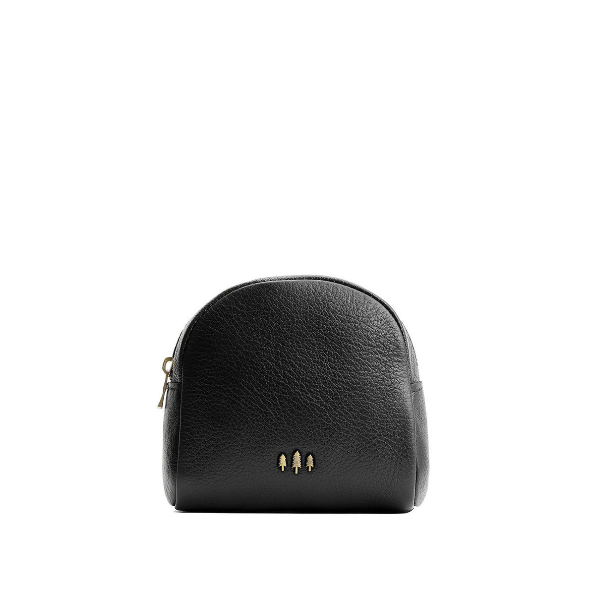 Pebbled--black | Curved top leather pouch with zipper opening, flat base, and three metal tree emblems in front