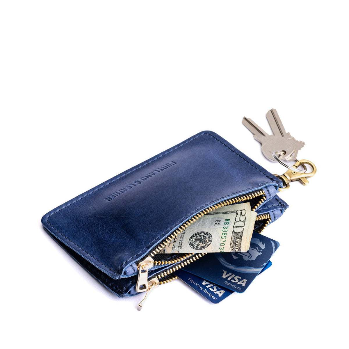 Cowboy Blue | Leather double zip wallet with keychain clasp